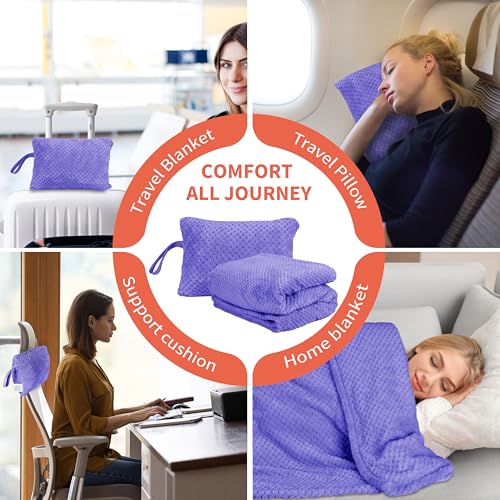 Tirrinia Travel Blanket Compact with Bag, Soft Lightweight Wearable Blanket with Foot Pockets, Airplane Travel Essential Gift - color: Purple