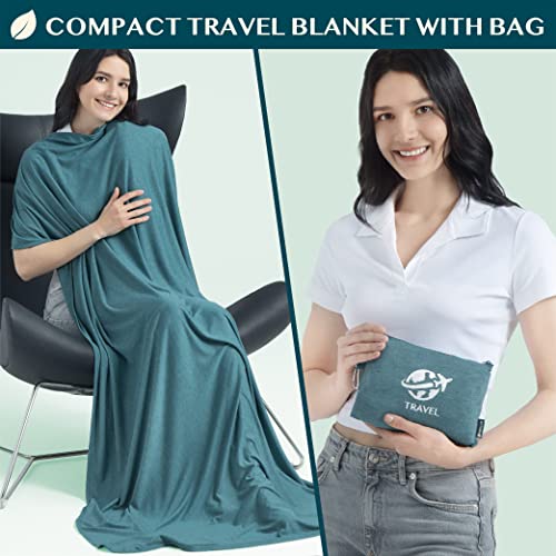 PAVILIA Travel Blanket Airplane Compact Pillow with Bag for Flights, Teal - color: Teal Blue