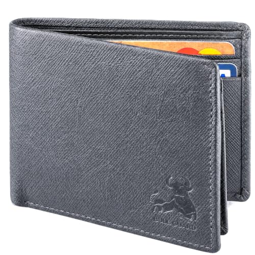 BULL GUARD Buffalo Leather Wallets for Men with RFID Blocking, Flip UP ID Window, Bifold Durable Quality Design - color: Wild Buffalo Grey