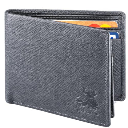 BULL GUARD Buffalo Leather Wallets for Men with RFID Blocking, Flip UP ID Window, Bifold Durable Quality Design - color: Wild Buffalo Grey