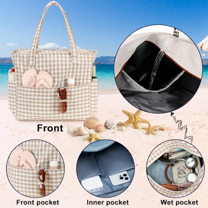 Bluboon Beach Bags for Women, Large Waterproof Tote Bag With Wet Compartment for Pool Weekender Travel Gym - color: Brown White Checkered-1