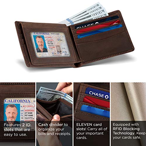 SERMAN BRANDS 2 ID Window Wallet for Men RFID Blocking Leather, Bifold Top Flip, Extra Capacity Travel Wallet - color: A. Texas Brown Executive
