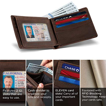 SERMAN BRANDS 2 ID Window Wallet for Men RFID Blocking Leather, Bifold Top Flip, Extra Capacity Travel Wallet - color: A. Texas Brown Executive