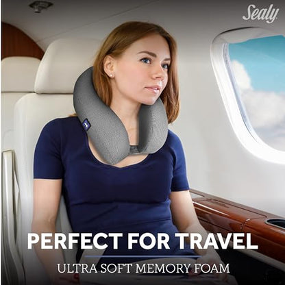 Sealy Ergonomic Memory Foam Travel Neck Pillow - Premium Cervical Neck Pillow for Airplanes, Designed for Comfort, Adaptive Ergonomic Support, Travel Essentials, Grey