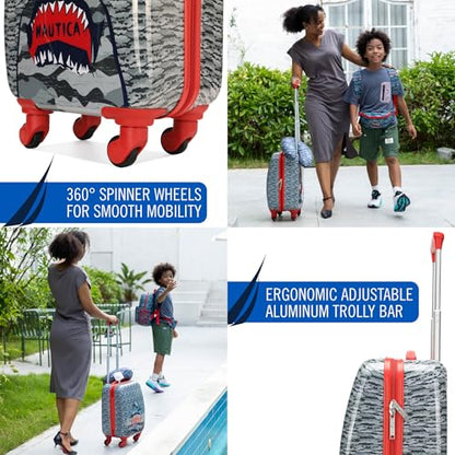 Nautica Kids Luggage - 18" Airline Approved Rolling Hardside Upright Carry-on Suitcase Set with Wheels (Shark Attack | 5pc Travel Set) - color: Shark Attack | 5pc Travel Set