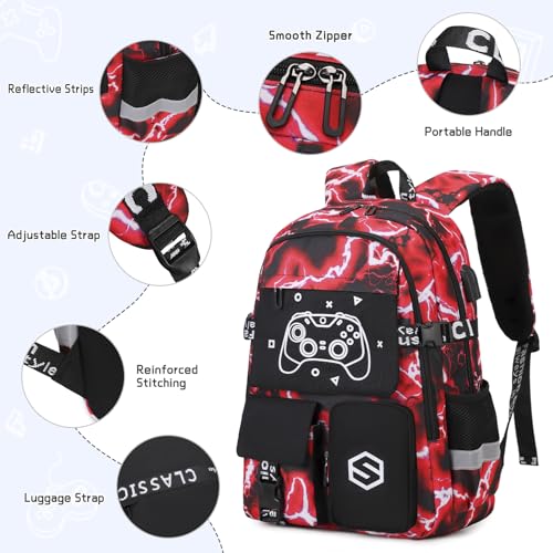 Scothen Boys Backpack, Cool Luminous Kids School Backpacks with Lunch Bag - color: Red Lightning