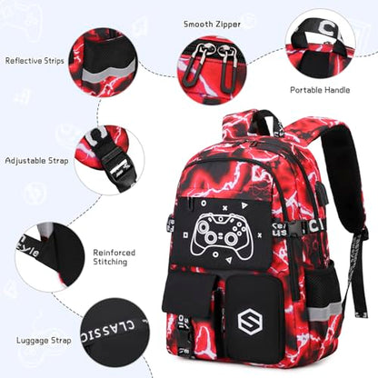 Scothen Boys Backpack, Cool Luminous Kids School Backpacks with Lunch Bag - color: Red Lightning