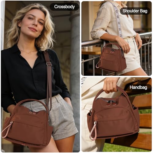 Nylon Top Handle Crossbody Bags for Women with 2 Adjustable Straps - color: Coffee