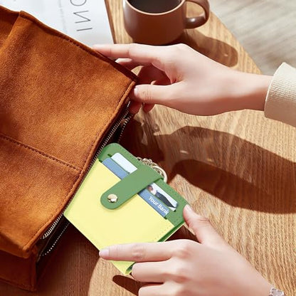 Airkit Small Wallet Women RFID, PU Leather Card Holder with Keychain - color: Light Yellow & Matcha Green
