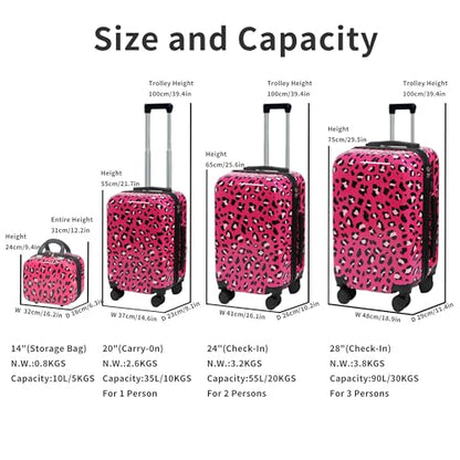 Luggage Sets 4 Piece, Hardside Suitcase Set 14+20+24+28 | Leopard Luggage with Spinner Wheels,Suitcase Set for Women and Men, Lightweight Leopard PC+ABS Hardshell,Pink - color: Pink leopard（14+20+24+28）