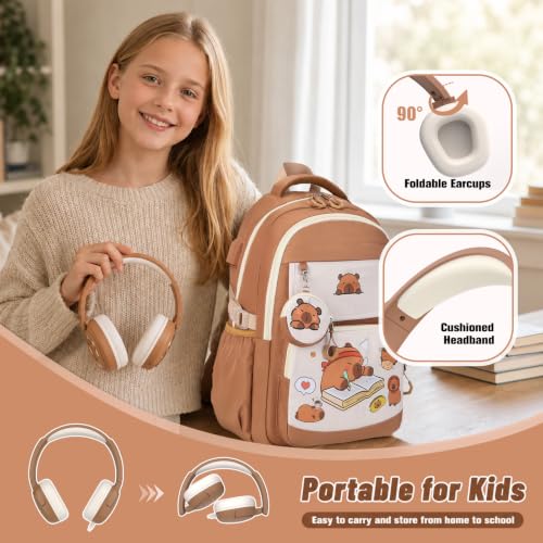 4PCS Capybara Theme Backpack for Girls with Wired Headphones | with Lunch Box & Pencil Case, Cute Girls Backpack Kawaii Bookbag for Girls Kingdergarten Teens Elementary School Student - color: Khaki