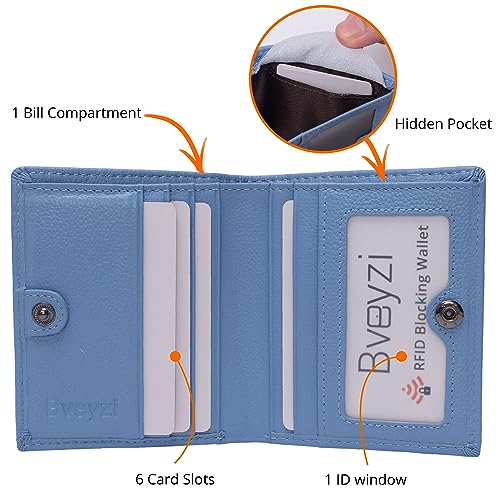 Bveyzi Ultra Slim Small RFID Wallet for Women, Leather Tiny Thin Bifold Pocket Ladies Wallet - color: Blue
