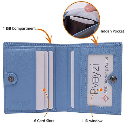 Bveyzi Ultra Slim Small RFID Wallet for Women, Leather Tiny Thin Bifold Pocket Ladies Wallet - color: Blue
