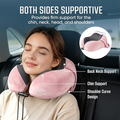 SkytraxComf® Travel Neck Pillow with Hood for Privacy on Long Flights - color: Pink