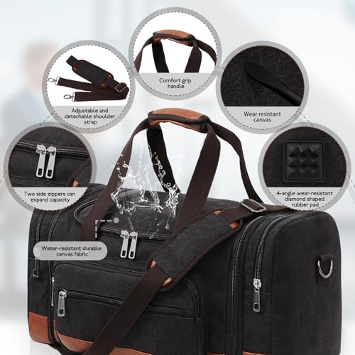 Men'S Duffle Bag For Travel, Expandable Canvas Duffel Bags Overnight Weekend Gym Carry On Luggage Bag For Men(Black) - color: Black