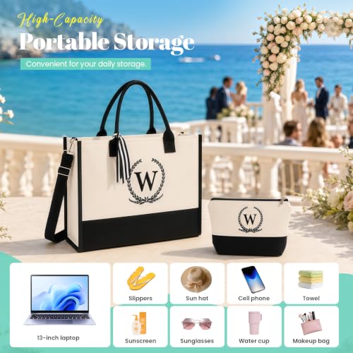 Embroidered Floral Monogram Canvas Tote with Zipper Pockets Gift for Her - color: W