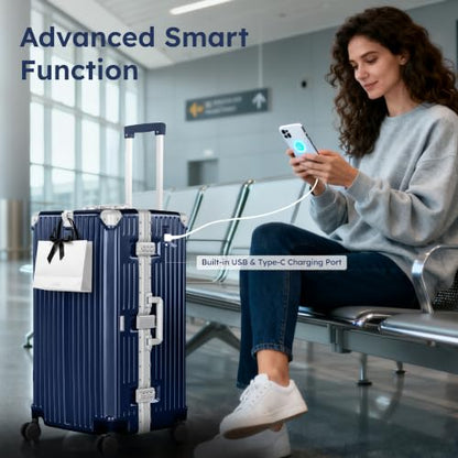 ALPHA CAMP Trunk Luggage 24 Inch with Aluminum Frame Zipperless Suitcase - color: Royal Blue, size: 24 Inch