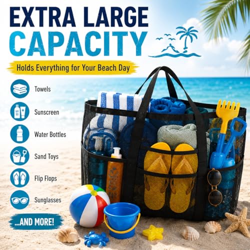 SRISE Mesh Beach Bag - Large Beach Tote Bag for Family Beach Bag for Toys & Vacation Essentials - color: Black
