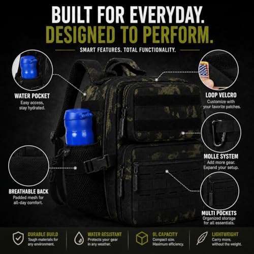 9L Mini Tactical Backpack for Men and Women, Gym Hiking Travel Daypack - color: Black Camo