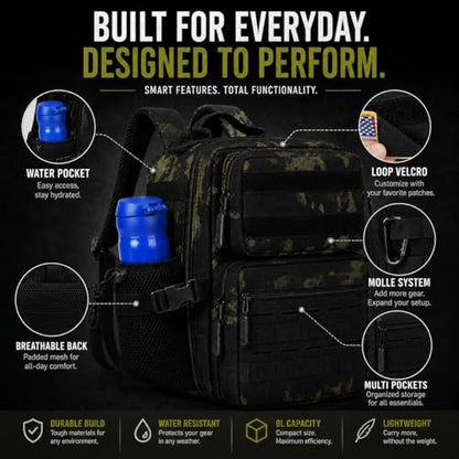 9L Mini Tactical Backpack for Men and Women, Gym Hiking Travel Daypack - color: Black Camo
