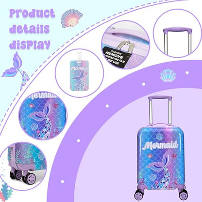 Cute Mermaid Kids Luggage Set 2 piece Kids Suitcase with Spinner Wheels 16" Childrens Luggage for Girls With Wheels Hard Shell Luggage Sets Airline Approved - color: 1007