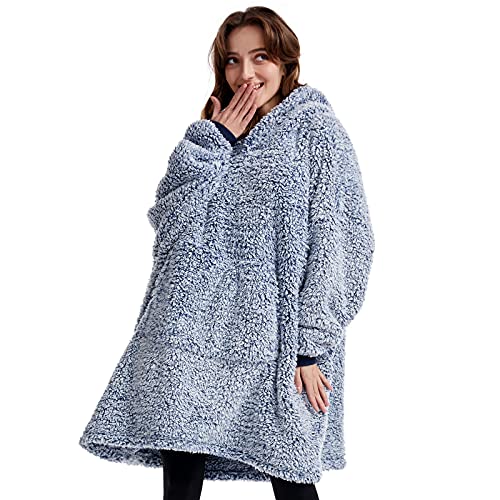 Cozy Sherpa Wearable Snuggle Blanket Hoodie for Adults Women Men Kids Gift Idea，Oversized Blanket Sweatshirt，Super Warm Light Weight, Blue - color: Blue, size: Oversize