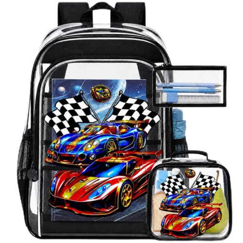 HPJGD Reflective Safety Kids Clear Backpack, 3PCS Transparent Bookbag Set for Boys, Heavy-Duty See Through School Bag for Elementary Students - Race Car Black - color: Cool Uv Racing Car Black Clear Backpack