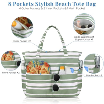 Trifabricy Beach Bags for Women, Waterproof Large Tote Bag With Zipper - color: Green