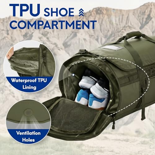 Haimont Heavy Duty Convertible Travel Duffel Backpack, Army Green, 60L - color: Green, size: 60L