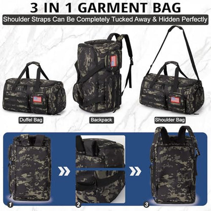 Duffle Bag for Men,55L Convertible Tactical Garment Bag for Business Trips - color: Camo Black