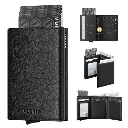 VULKIT Pop up Card Wallet Minimalist Cash Wallets RFID Blocking Leather Smart Credit Card Holder with ID window for Men - color: Top-Grain Cowhide Litchi Black