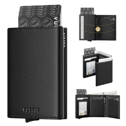 VULKIT Pop up Card Wallet Minimalist Cash Wallets RFID Blocking Leather Smart Credit Card Holder with ID window for Men - color: Top-Grain Cowhide Litchi Black