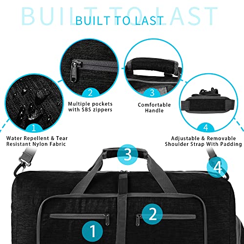 Vomgomfom 65L/85L/115L Foldable Travel Duffle Bag with Shoe Compartment - color: Black, size: 65L