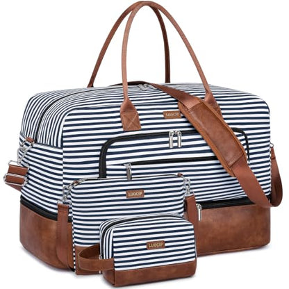 Large Women Travel Weekender Bag: Carry on Duffle with Shoe Compartment - color: Blue Striped