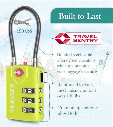 TSA Approved Luggage Locks, Combination Cable Locks, 4 Pack, Lime | Search Alert shows TSA key access; resettable 3-digit code and flexible braided steel cable for suitcases and backpacks. - color: Lime 4 Pack
