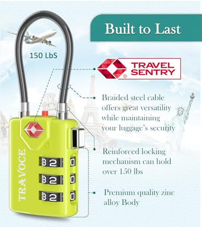 TRAVOCE TSA Approved Luggage Locks, Combination Cable Locks, 4 Pack, Lime - color: Lime 4 Pack