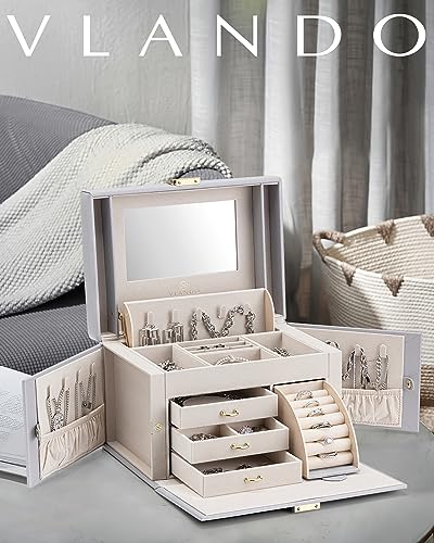 VLANDO Jewelry Storage with Mirror and 3 Drawers,Gray - color: Gray