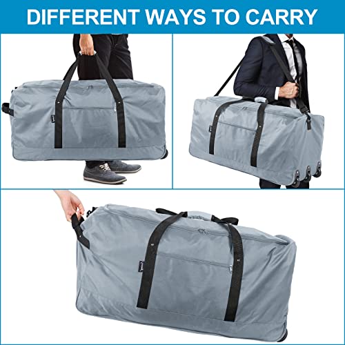 Finnhomy 120L Foldable Rolling Duffel Bag with 3 Wheels, Light Weight Travel Duffel bag with Large Loading Capacity, 32'' Rolling Duffel bag with Shoulder Strap - color: Grey