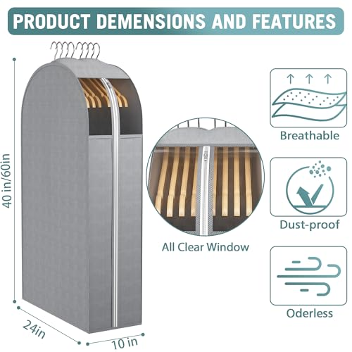 Liuoud 10" Gusseted Garment Bags for Hanging Clothes, Clear Window, 40"&60” - color: Grey with window, size: 40+60 inch