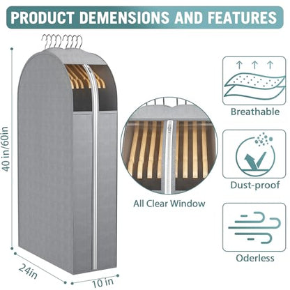 Liuoud 10" Gusseted Garment Bags for Hanging Clothes, Clear Window, 40"&60” - color: Grey with window, size: 40+60 inch