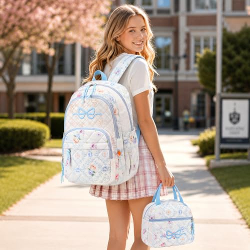 DIGOBAY Quilted Backpack for Girls, Girls Backpack w/Lunch Box Pencil Case - color: Patchwork Floral Print