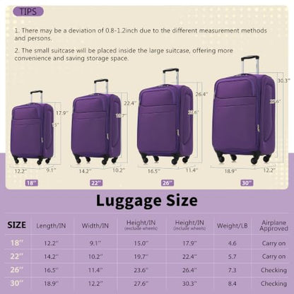 Merax Softside Luggage Set 4 Piece,18/22/26/30 Expand Suitcase,Purple - color: Purple, size: 18/22/26/30