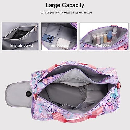 Dance Bag Girls Gymnastics Duffle with Shoe Compartment, Kids Travel Weekender Sleepover Carry On Bag (Butterfly Purple) - color: 09-Butterfly Purple