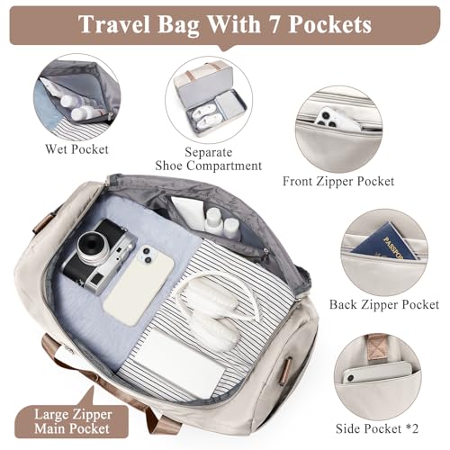 Extra Large Travel Duffel Bag, Carry-On Weekender Bags for Women Travel - color: Beige & Brown with Toiletry Bag, size: Extra Large