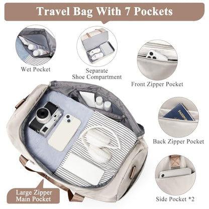 Extra Large Travel Duffel Bag, Carry-On Weekender Bags for Women Travel - color: Beige & Brown with Toiletry Bag, size: Extra Large