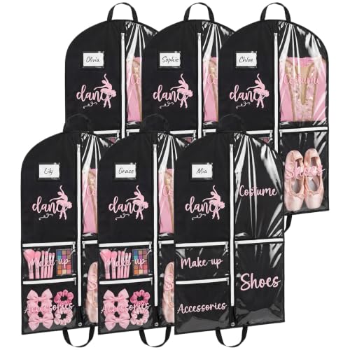 Klyyo 6 Pack 40'' Dance Costume Garment Bag for Dancers Foldable Pocket