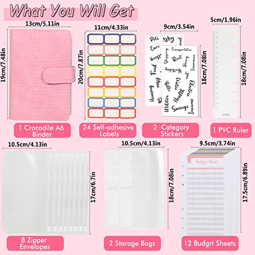 Budget Binder with Zipper Envelopes - Crocodile Pattern Leather Money Organizer, Cash Saving Book Budgeting Planner, Cash Stuffing Folder Envelope System, A6 Bill Binders with Pockets, Pink - color: Crocodile - Pink, size: A6 Kit