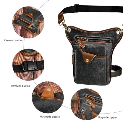 Water Resistant Canvas + Leather Motorcycle Fanny Waist Pack One Shoulder Drop Leg Thigh Bag For Men Women FB211-6 - color: 211-5 Black