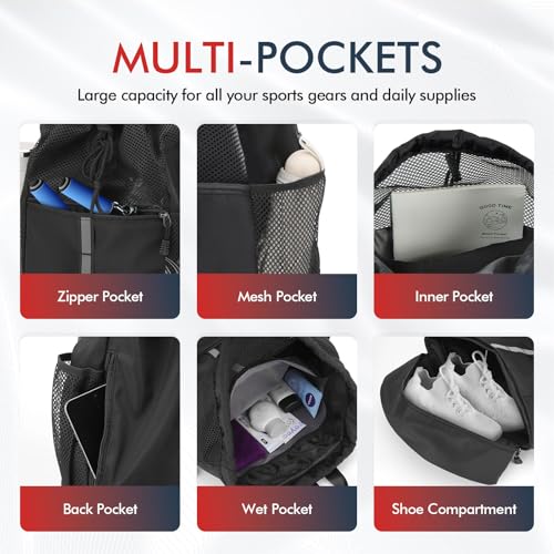 PinCute Drawstring Backpack for Men Women, Mesh Gym Bag for Beach - color: Black