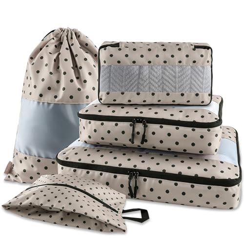 U+U 5 Set Packing Cubes, Travel Organizers with Shoe Bag (Brown Polka Dot) - color: Brown Polka Dot